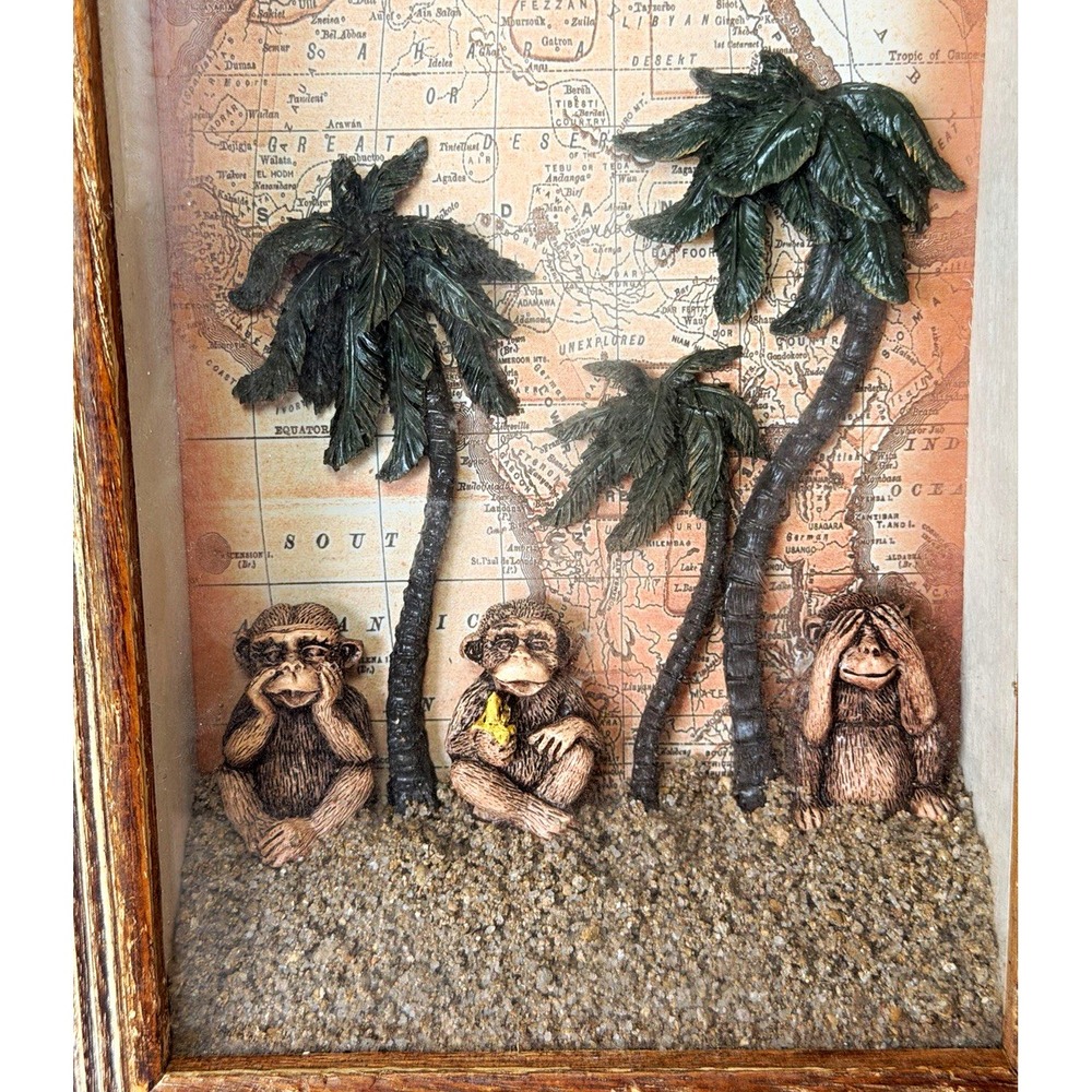Rustic Wood Framed Shadow Box Three Wise Monkeys Palm Trees Map Background